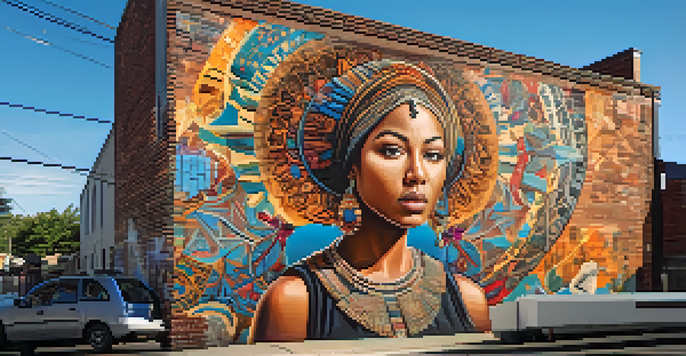 A mural by Maya featuring a strong female figure, vibrant colors, and intricate details on a weathered brick wall.