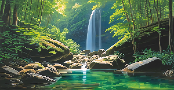 A hidden waterfall in Tijuca National Park, surrounded by greenery and colorful flowers, with sunlight creating patterns on the water.