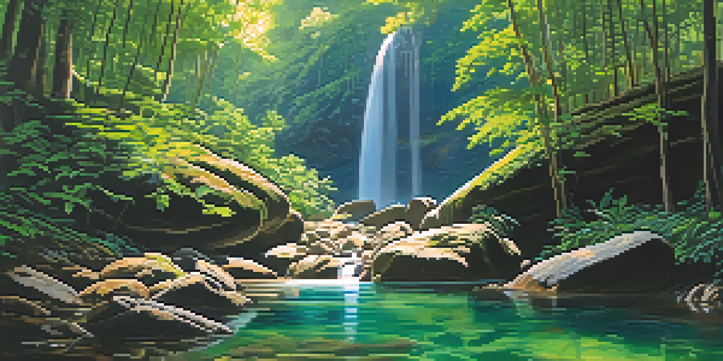 A hidden waterfall in Tijuca National Park, surrounded by greenery and colorful flowers, with sunlight creating patterns on the water.