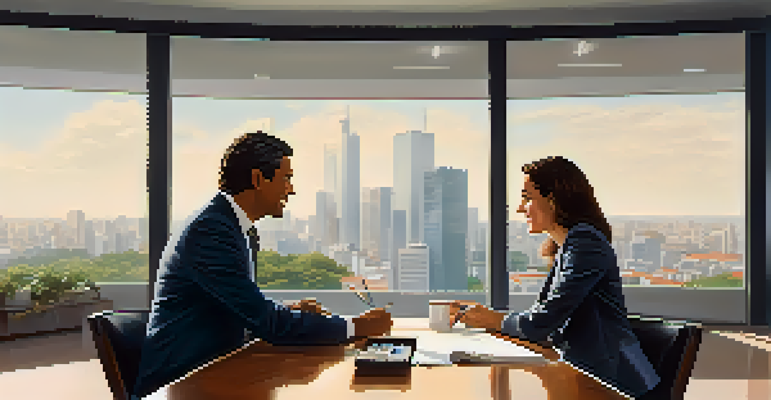 A professional meeting in a Brazilian office with colleagues discussing at a round table, showcasing a modern and inviting atmosphere.