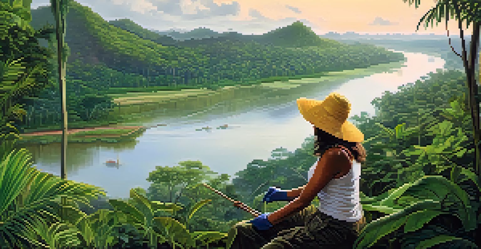 A volunteer engaged in environmental conservation in the Amazon rainforest, surrounded by lush greenery and a peaceful river.