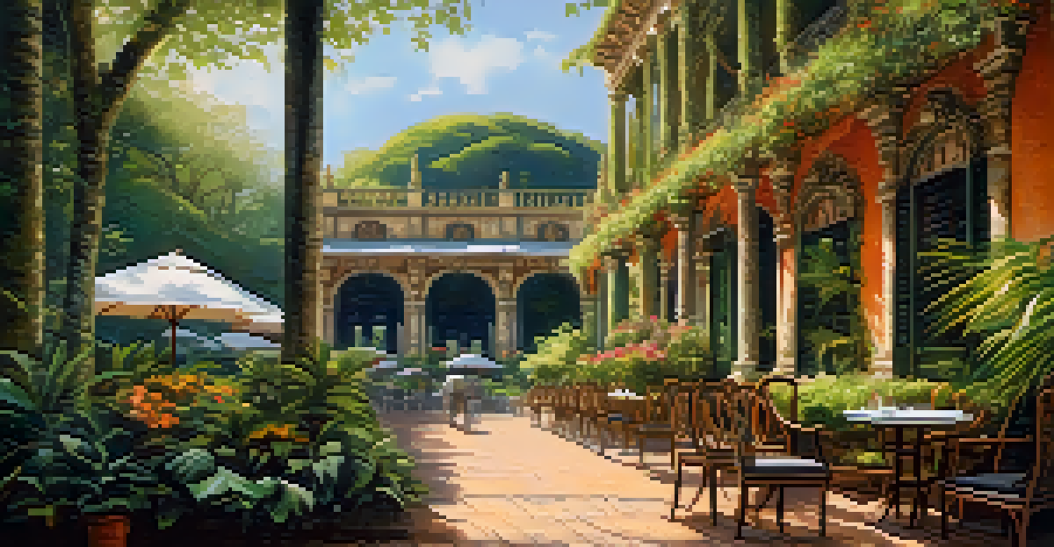A picturesque pathway in Parque Lage leading to a café, surrounded by exotic plants and warm afternoon light.