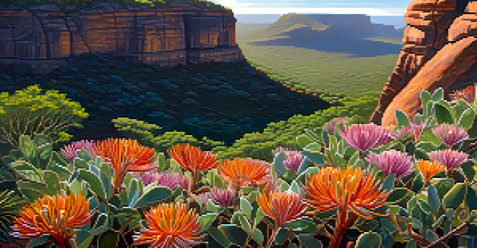 Close-up of colorful native flowers and rugged quartzite rocks in Chapada Diamantina, with sunlight filtering through the leaves.