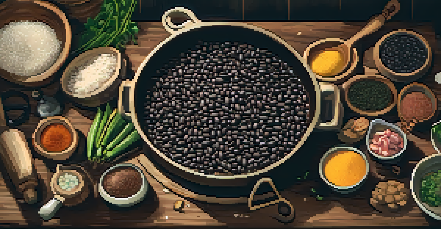 An overhead view of a kitchen countertop with ingredients for feijoada, including black beans, meats, and spices.