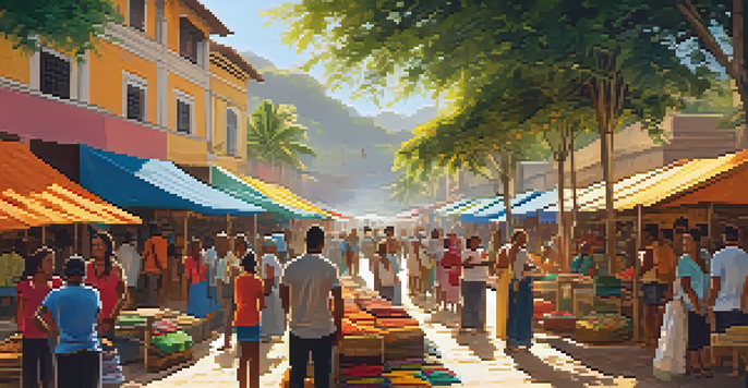 A lively Bahia street market with colorful stalls, artisans interacting with visitors, and a warm sunlit atmosphere.