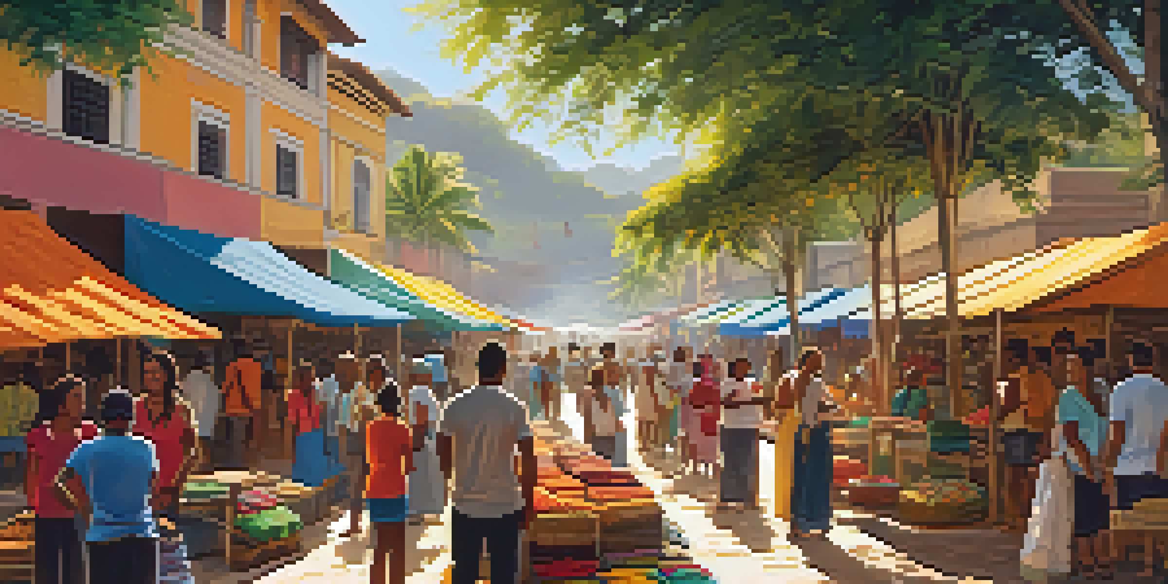 A lively Bahia street market with colorful stalls, artisans interacting with visitors, and a warm sunlit atmosphere.
