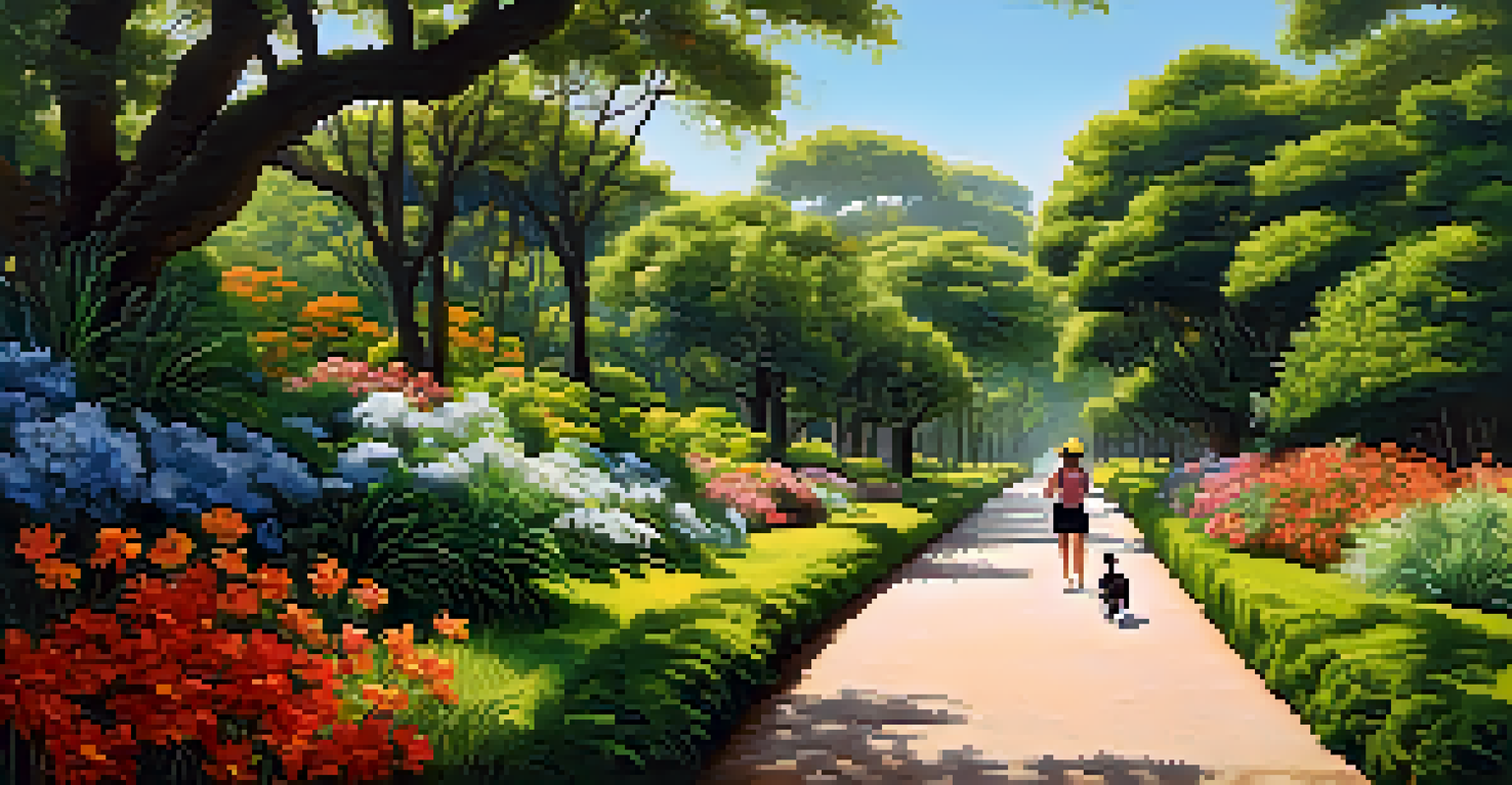 A scenic park in Brazil with a person walking a dog along a pathway surrounded by flowers and trees.