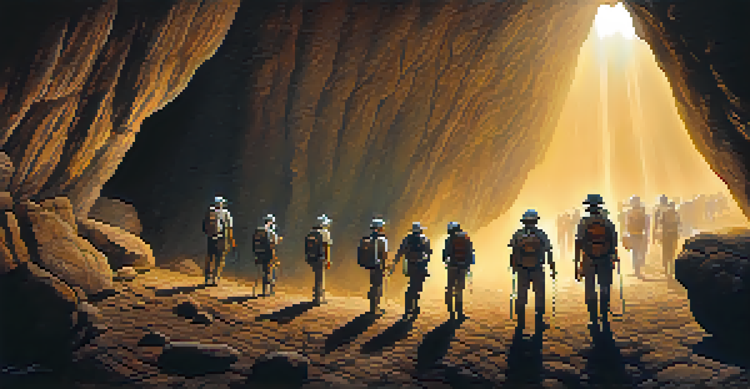 A group of spelunkers exploring a vast chamber in Caverna do Diabo, surrounded by diverse rock formations and illuminated by headlamps.