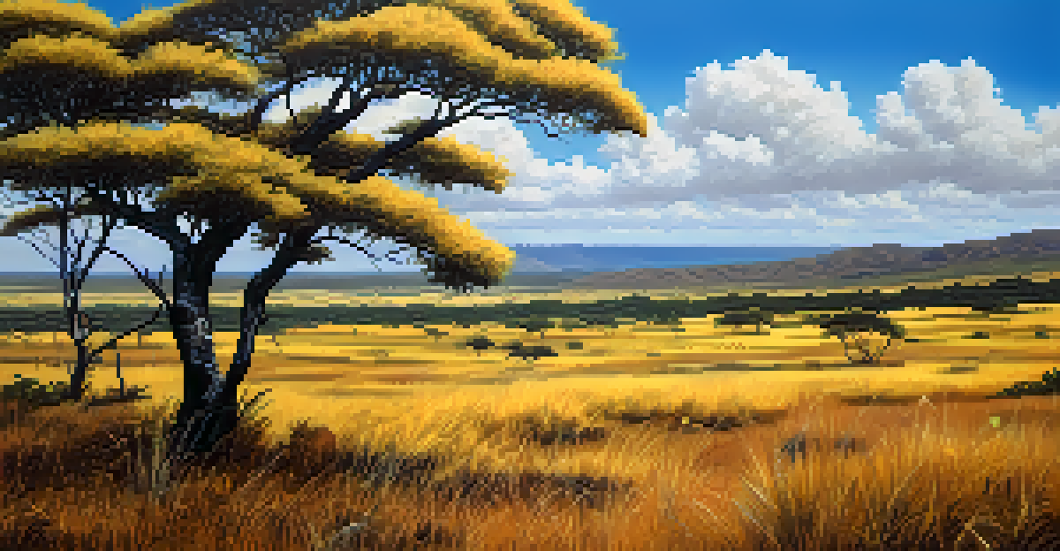 Cerrado savanna landscape with golden grasses and blooming wildflowers under a blue sky with white clouds.