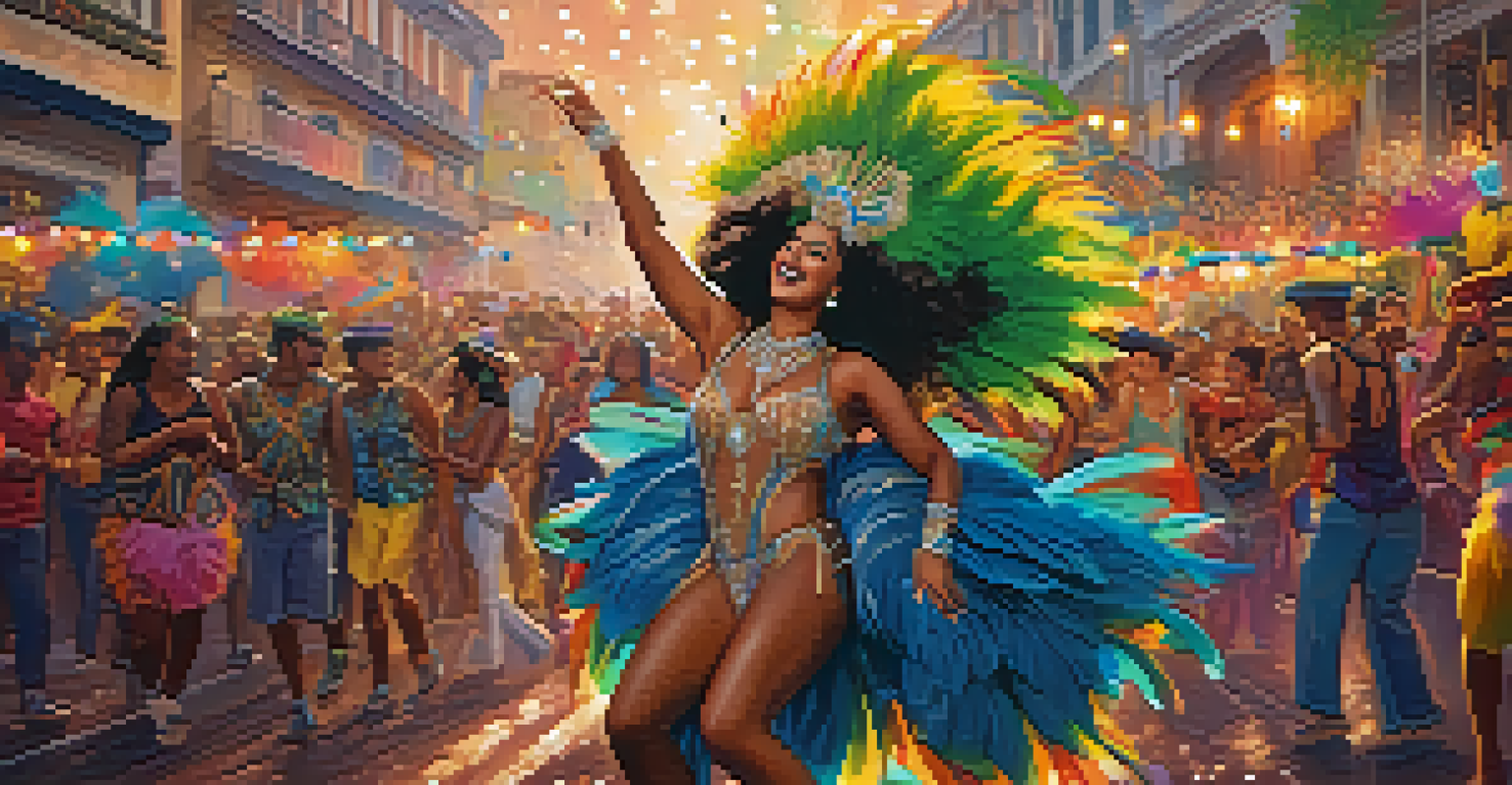 Participants in colorful costumes dancing at Rio de Janeiro's Carnival, surrounded by music and festive decorations.