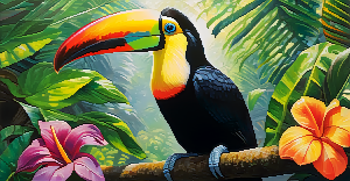 A colorful toucan sitting on a branch in a lush green forest with sunlight filtering through the leaves.