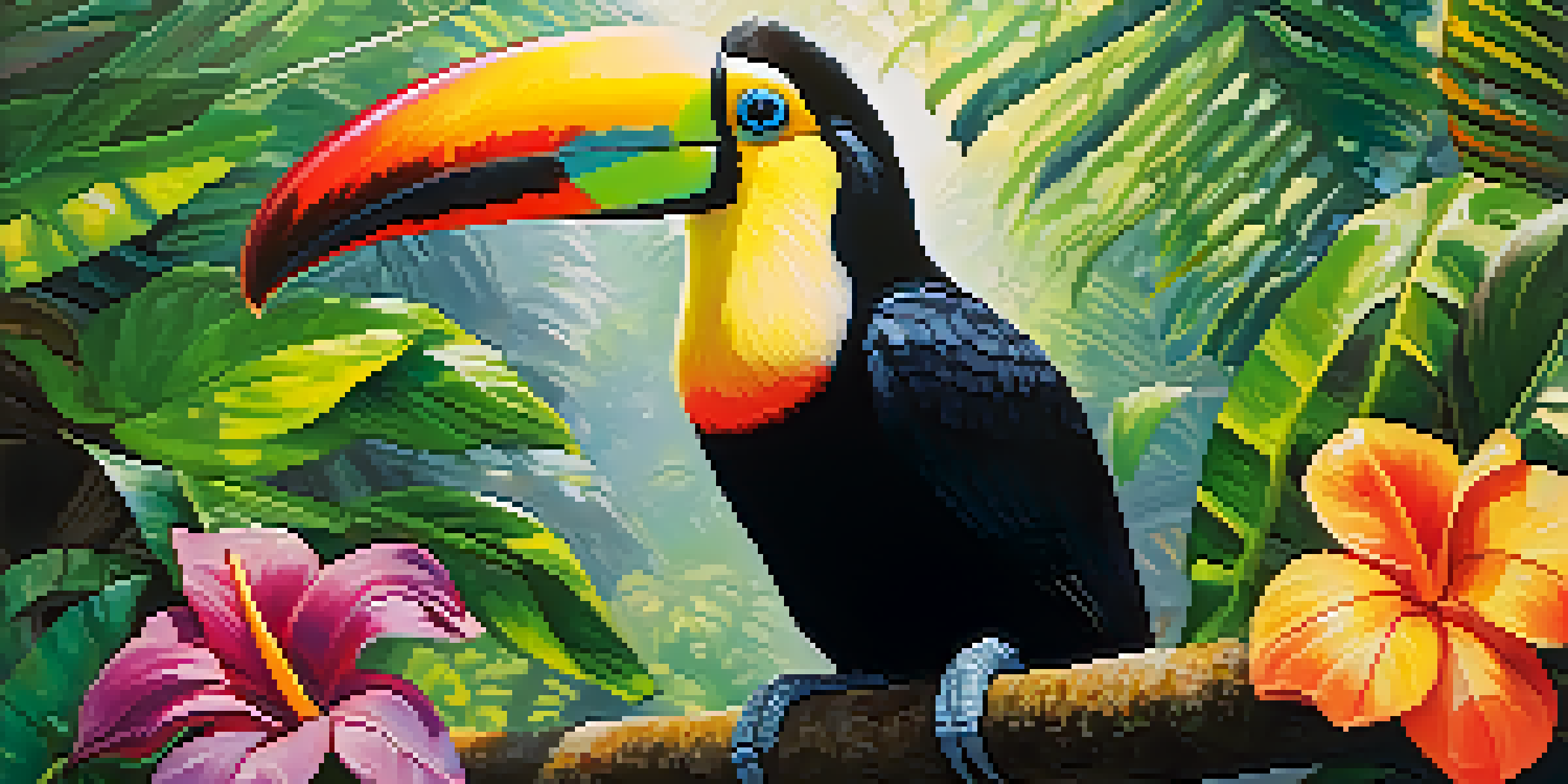 A colorful toucan sitting on a branch in a lush green forest with sunlight filtering through the leaves.