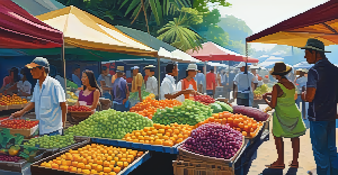 A lively market filled with colorful Amazonian fruits, with bright sunlight filtering through green leaves.