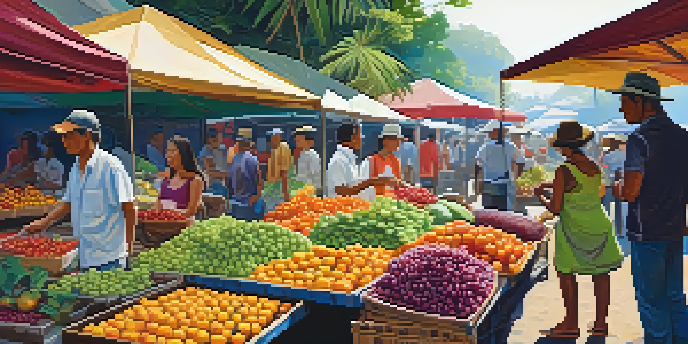 A lively market filled with colorful Amazonian fruits, with bright sunlight filtering through green leaves.