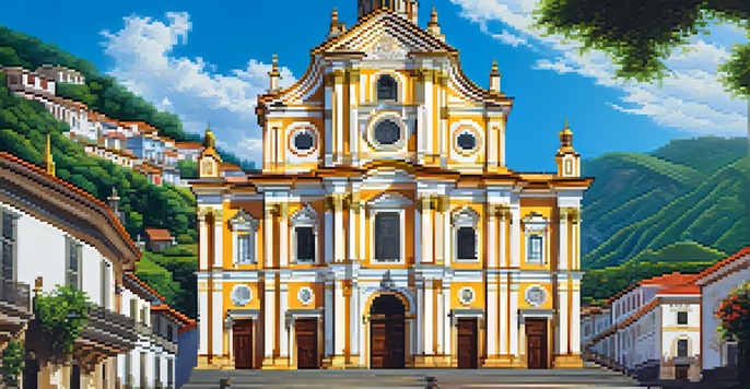 A beautiful view of the São Francisco Church with intricate carvings and gilded details, surrounded by green hills and a cobblestone street.