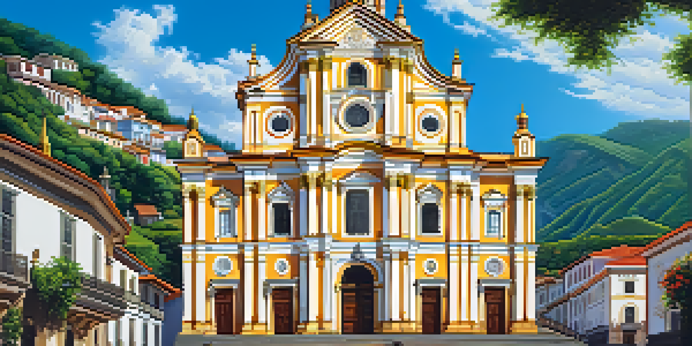 A beautiful view of the São Francisco Church with intricate carvings and gilded details, surrounded by green hills and a cobblestone street.