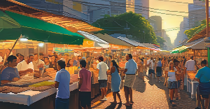 A lively street food scene in Rio de Janeiro with colorful stalls and people enjoying traditional Brazilian snacks.
