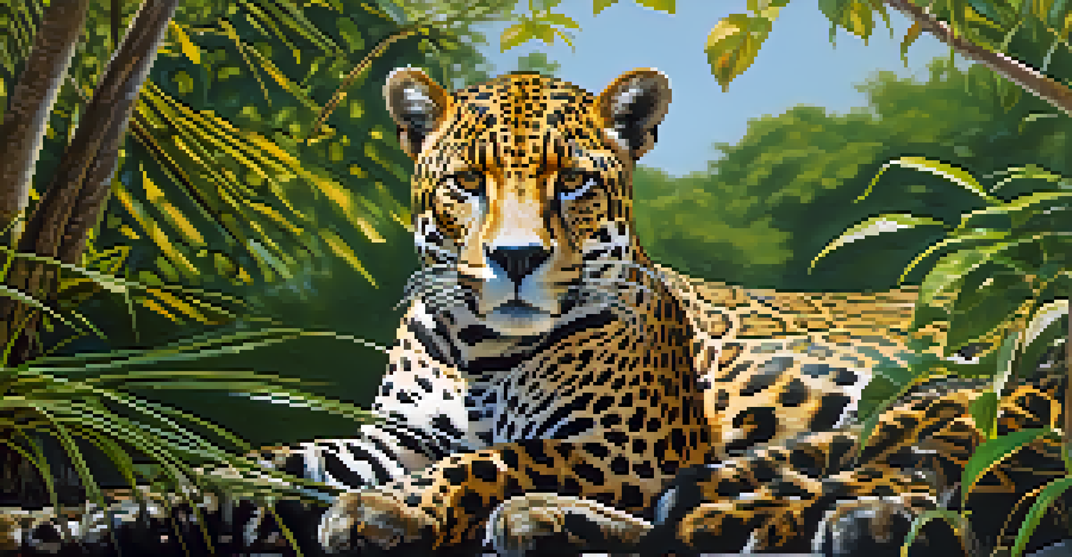 A close-up of a jaguar resting on a riverbank, surrounded by lush greenery and soft sunlight filtering through the leaves.