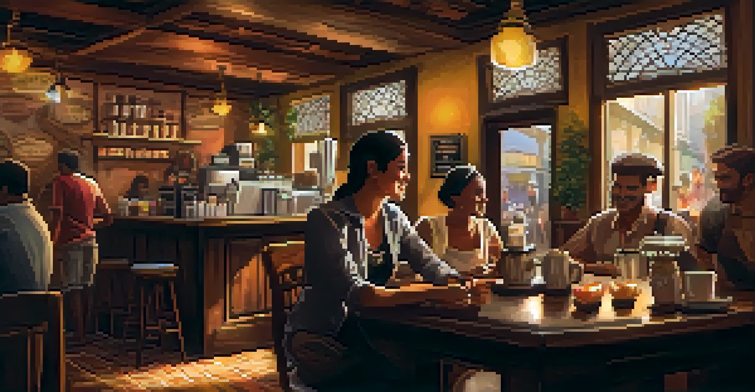 An inviting Brazilian coffeehouse with a cup of coffee and sweet treats on a wooden table, showcasing a lively atmosphere.