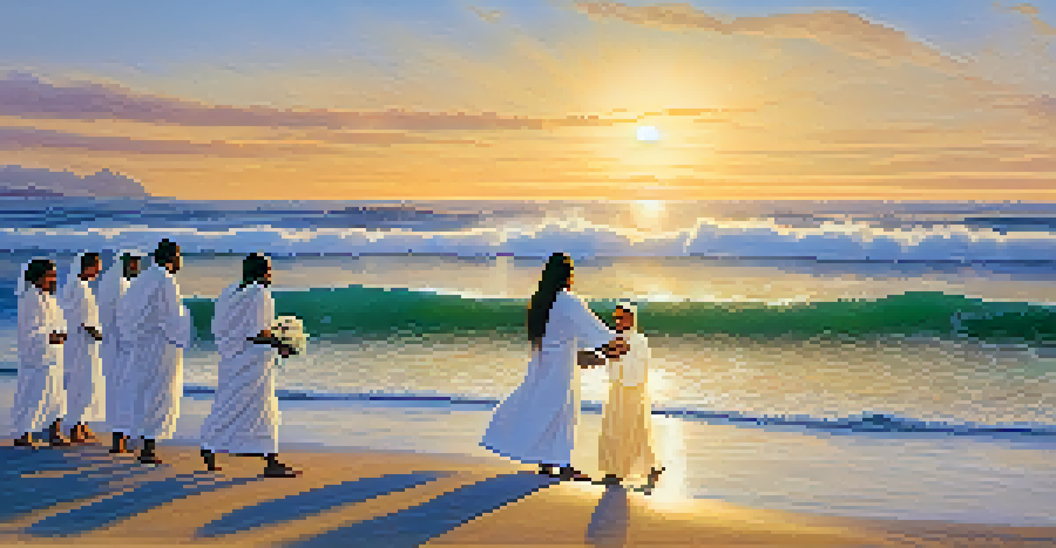 Devotees honoring Yemanjá at the beach during sunset, offering flowers and gifts to the ocean.