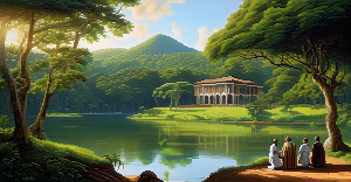 A historical scene illustrating Jesuit missionaries in Brazil engaging with indigenous people beside a river, surrounded by dense forests and warm sunlight.