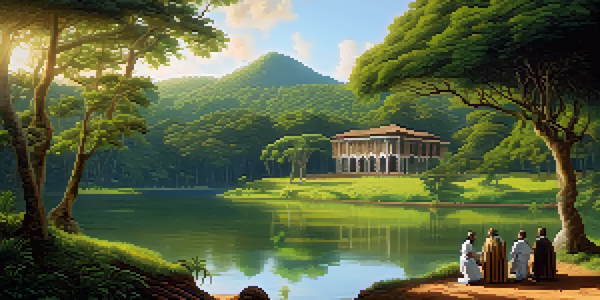 A historical scene illustrating Jesuit missionaries in Brazil engaging with indigenous people beside a river, surrounded by dense forests and warm sunlight.