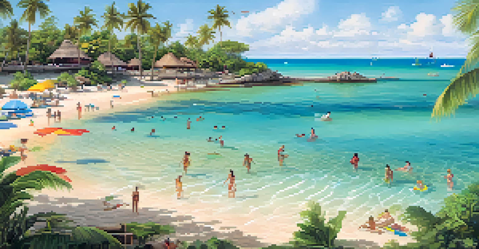 A tranquil beach landscape at Porto de Galinhas, featuring clear turquoise waters, coral reefs, and families enjoying the natural pools.