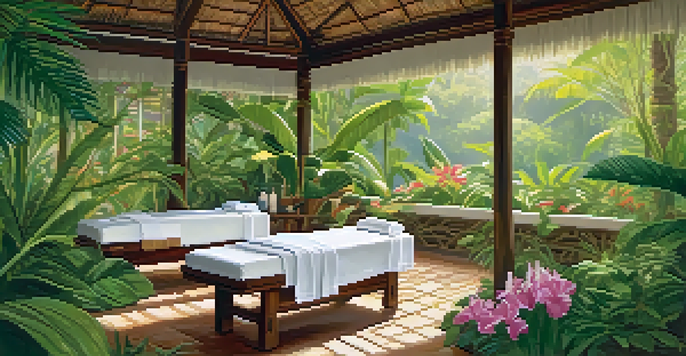 A peaceful outdoor spa setting in a tropical garden with a massage table and vibrant foliage.