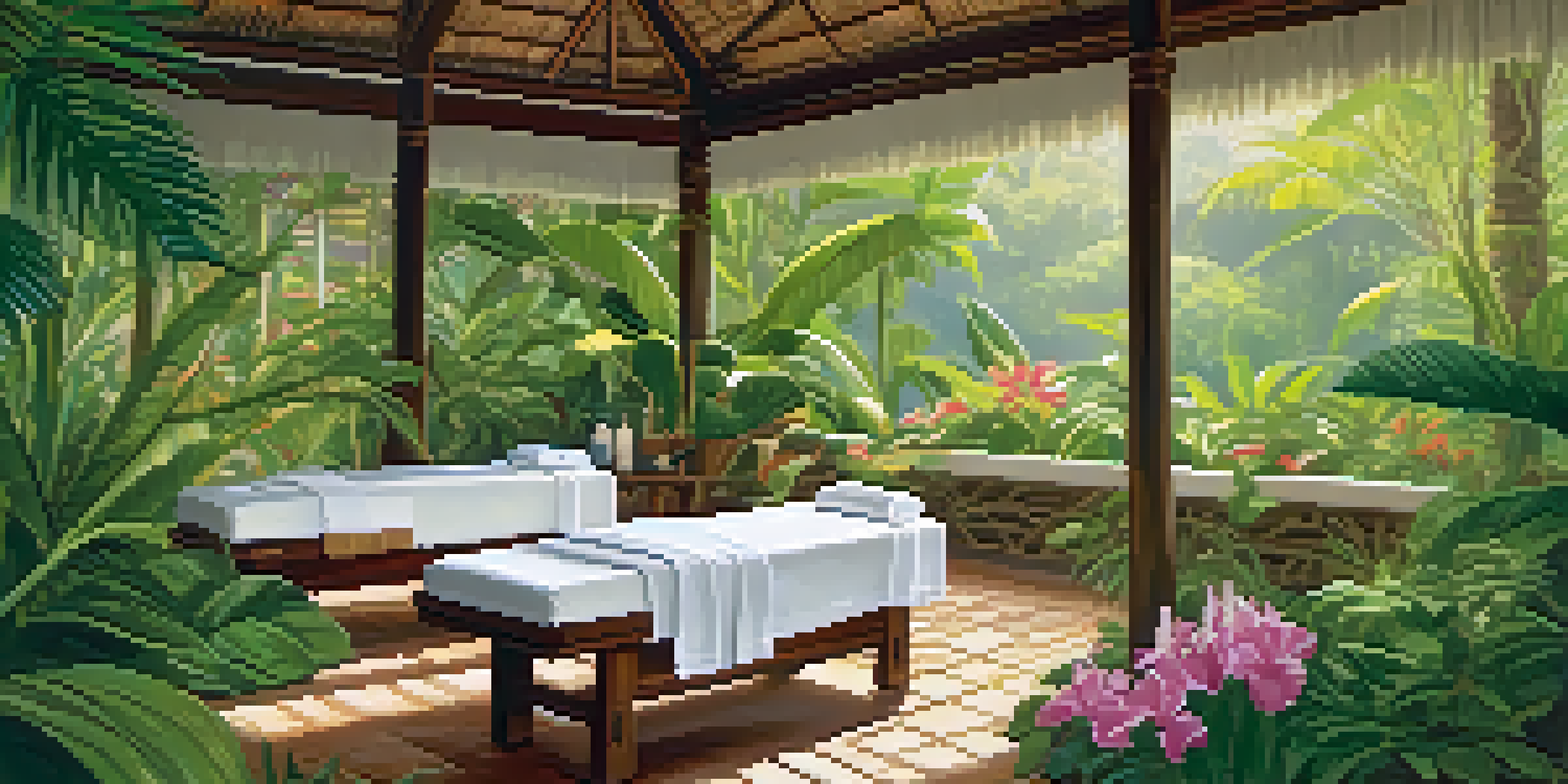 A peaceful outdoor spa setting in a tropical garden with a massage table and vibrant foliage.