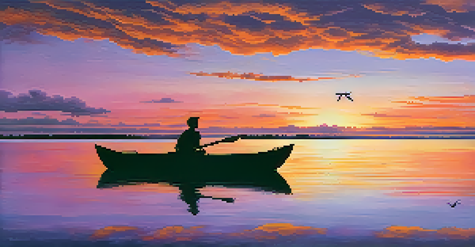 A stunning sunset over Lagoa do Mundaú, with colorful reflections on the water and a kayak in the foreground against flying birds.