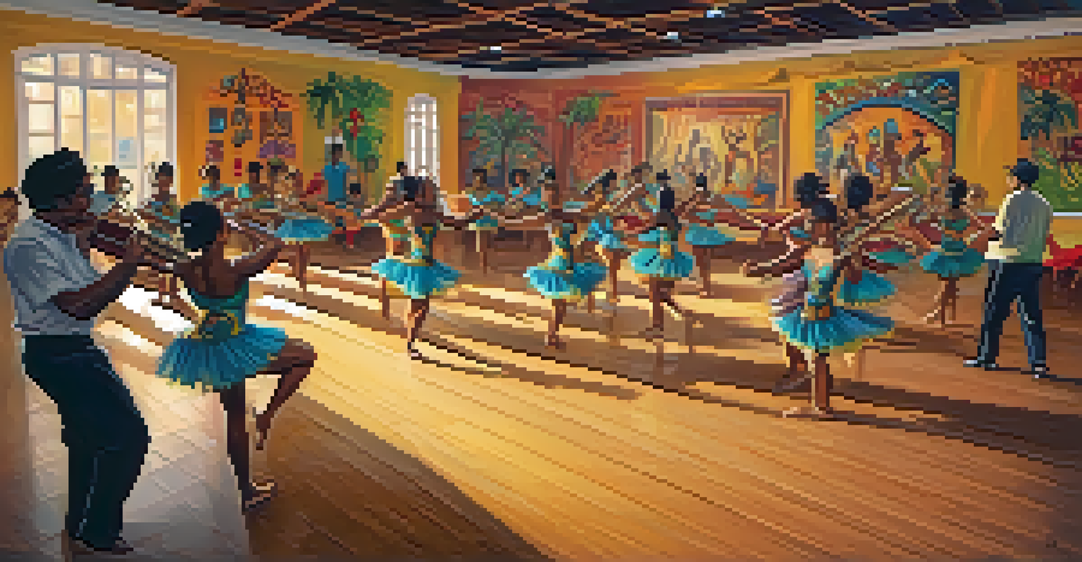 Dancers practicing in a samba school, surrounded by musical instruments and traditional decorations.