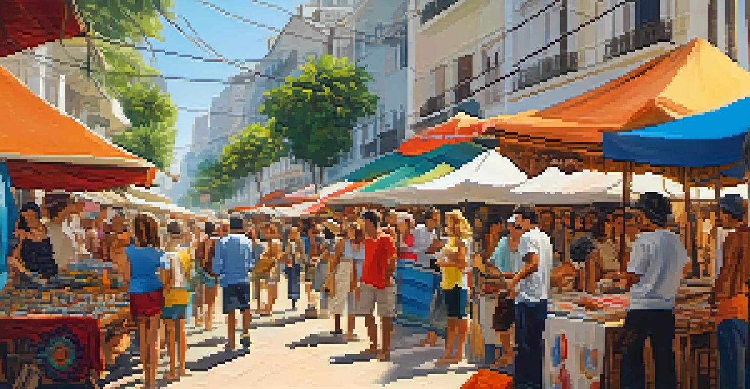 A colorful arts and crafts market in Ipanema with local artisans and street performers creating a lively atmosphere.