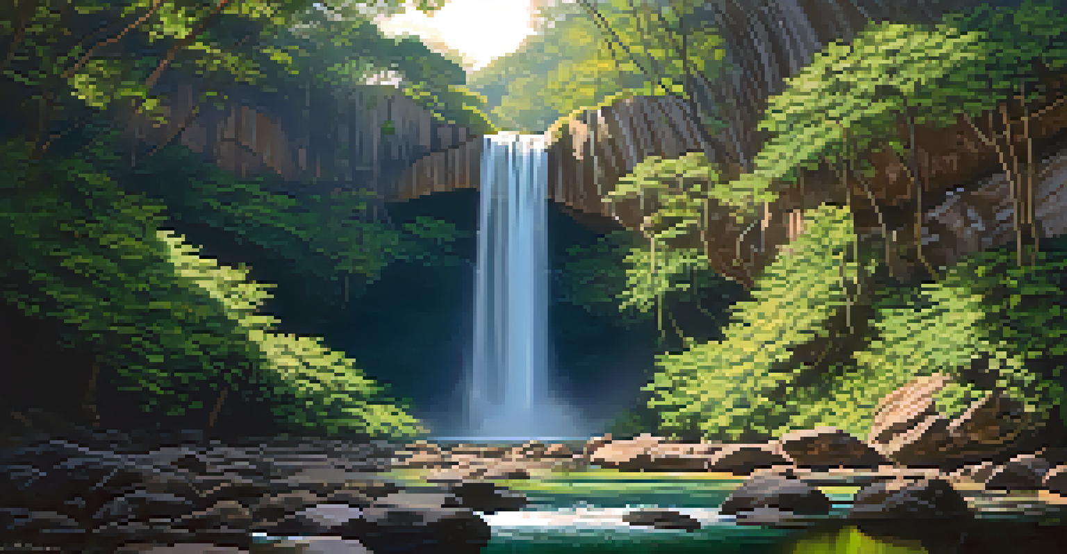 A peaceful view of Cachoeira do Buracão waterfall with lush greenery and sunlight filtering through leaves.