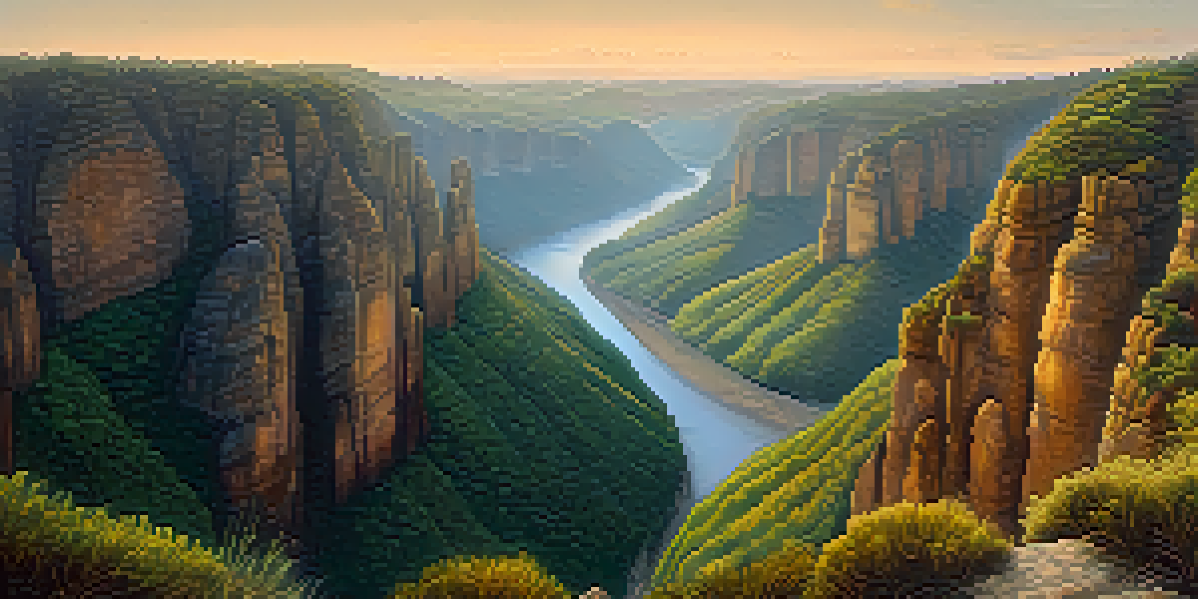 A breathtaking view of the canyons at sunrise, with golden light illuminating the cliffs and mist rising from the river.