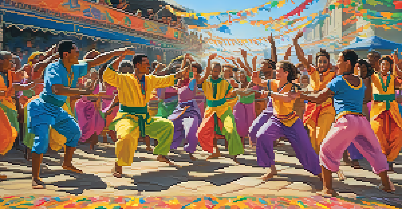 A Capoeira performance at a festival with participants in colorful costumes and an enthusiastic audience.