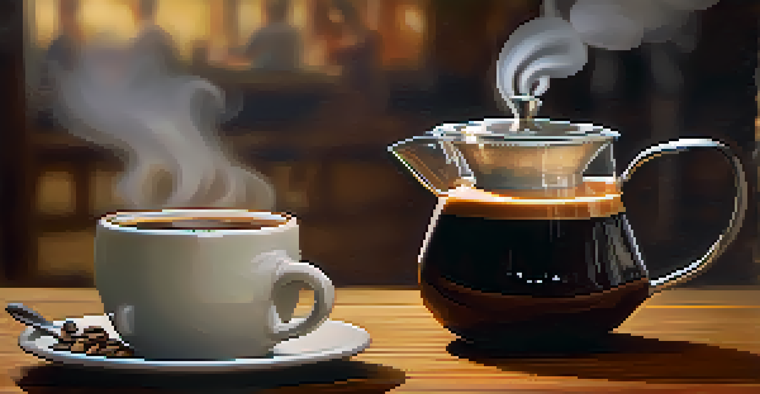 A close-up of Brazilian coffee brewed in a 'cafézinho' pot, with steam and a small cup on a wooden table.