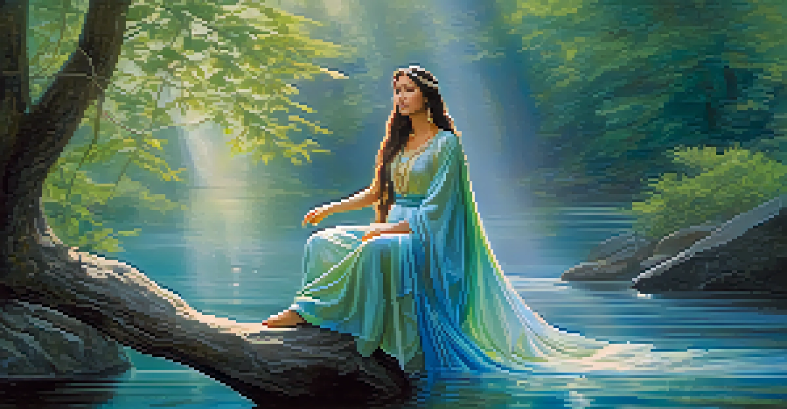 Iara, the enchanting water spirit, by a river, with flowing hair and a shimmering gown, surrounded by forest creatures.