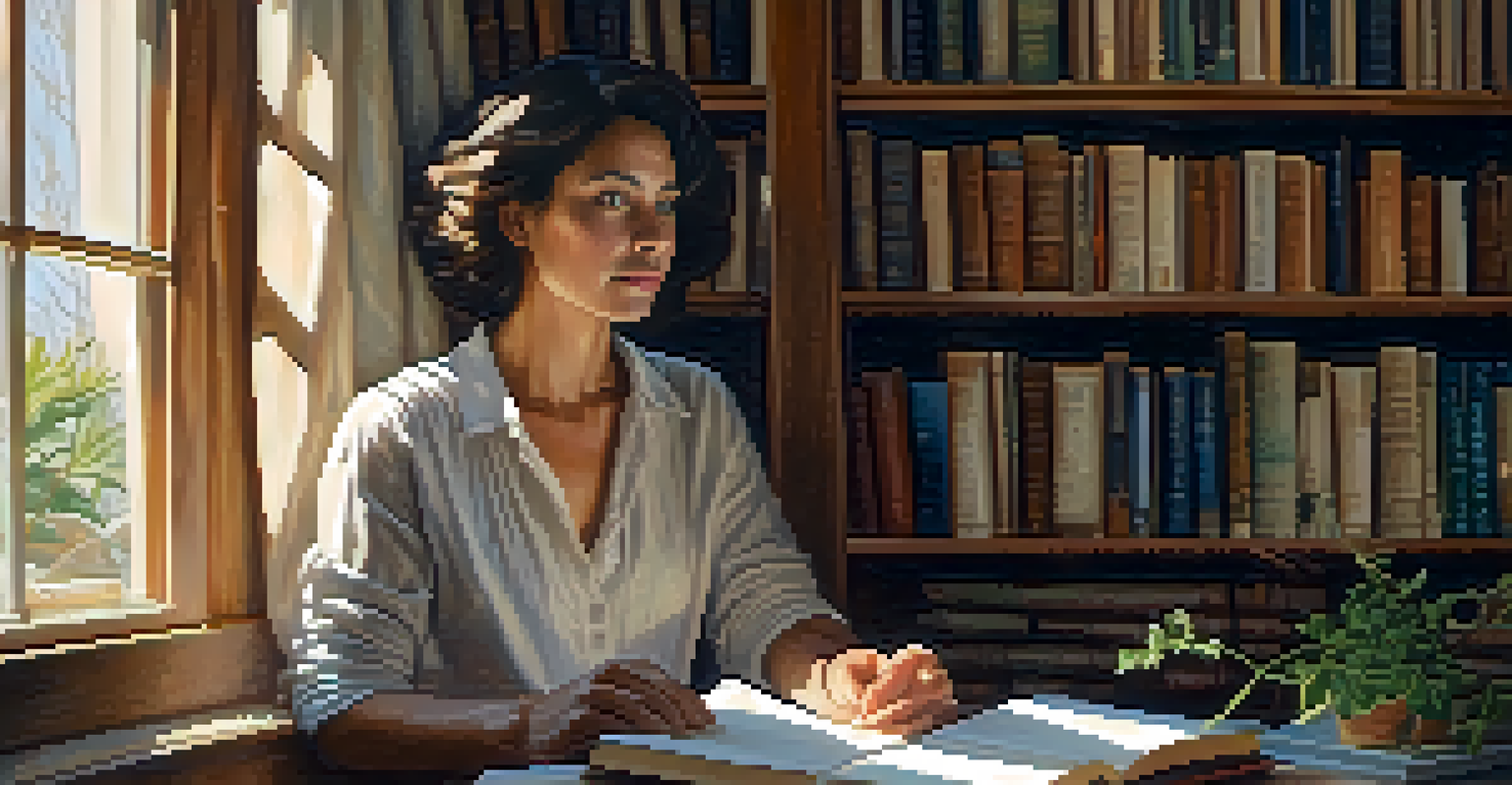 A woman sitting in a sunlit room with books and plants, deep in thought, surrounded by a warm and inviting ambiance.