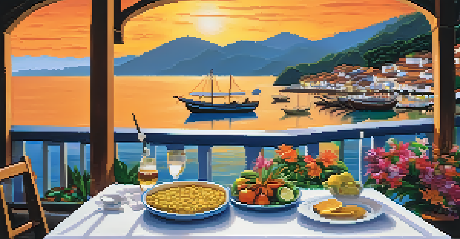 An outdoor dining scene in Paraty with traditional Brazilian food and drinks against a sunset backdrop.