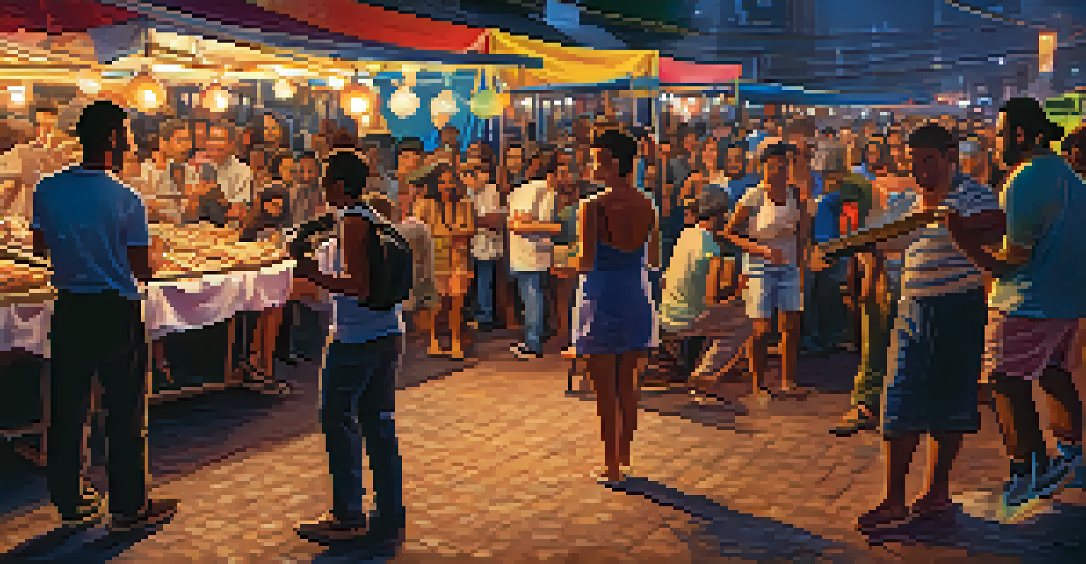 A street artist performing in a São Paulo night market with an audience and food stalls in the background.