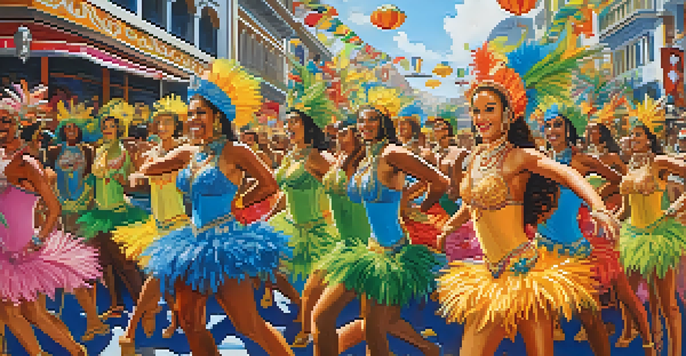 A samba parade in Rio de Janeiro during Carnival, featuring dancers in colorful costumes and decorated floats, with a lively crowd in the background.
