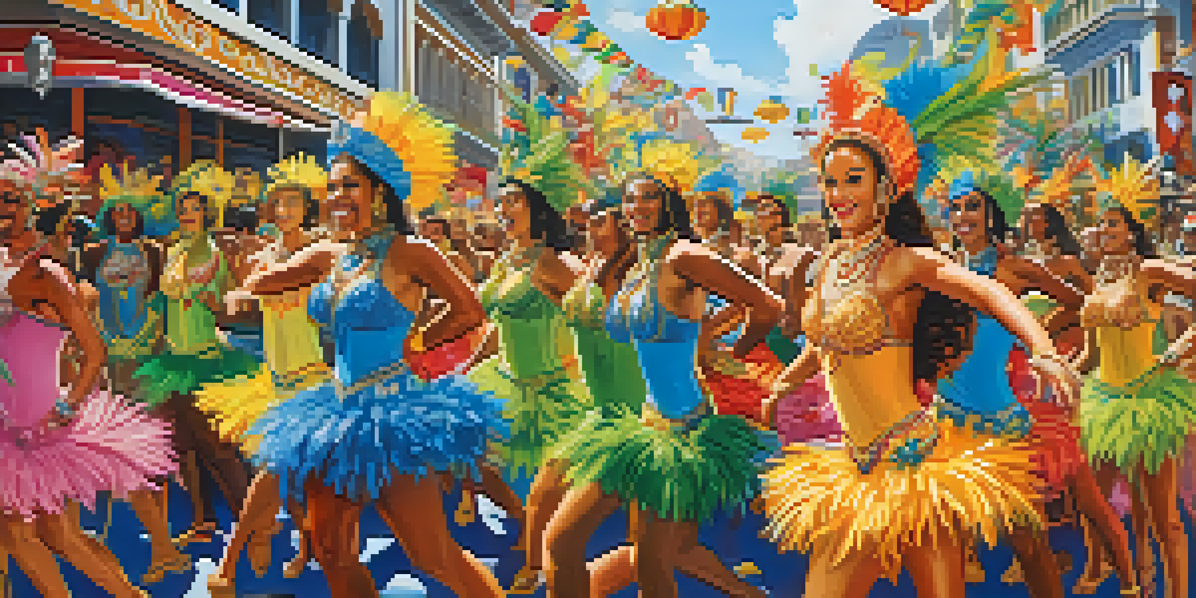 A samba parade in Rio de Janeiro during Carnival, featuring dancers in colorful costumes and decorated floats, with a lively crowd in the background.