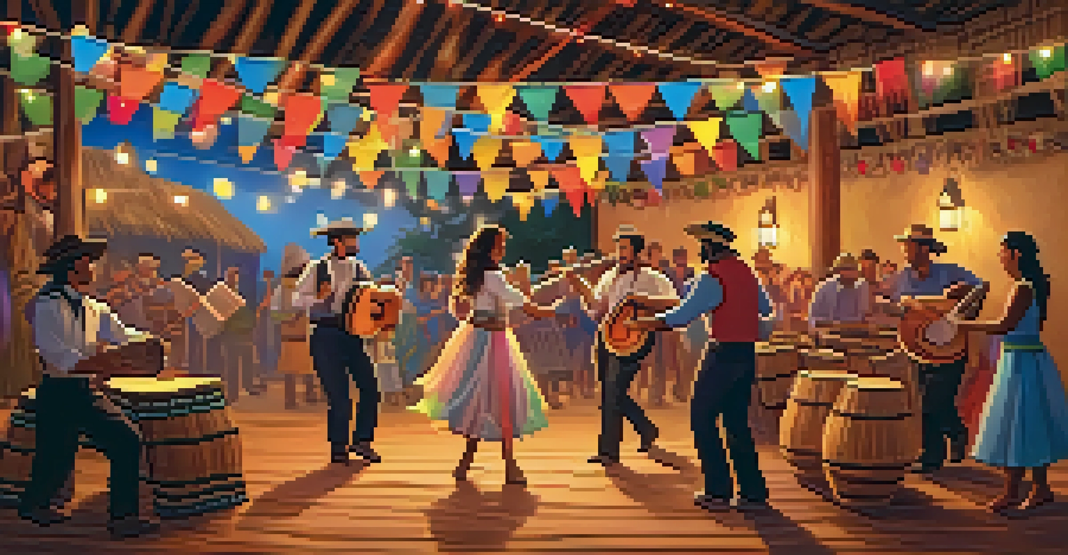 A rustic Festa Junina celebration with musicians playing traditional instruments and couples dancing, decorated with string lights and colorful banners.