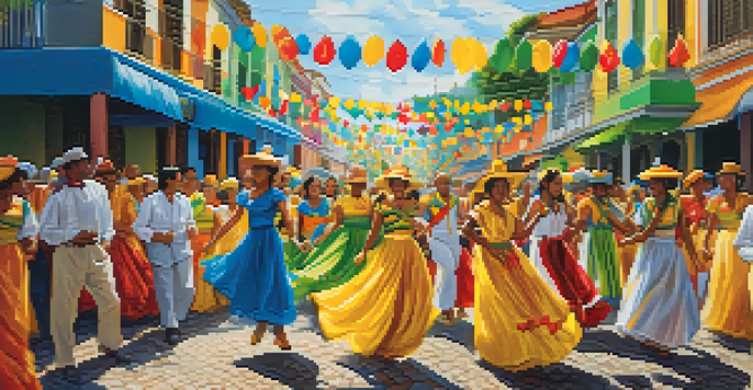 A lively Brazilian festival scene with participants in colorful traditional costumes, historical buildings in the background, and decorations all around.