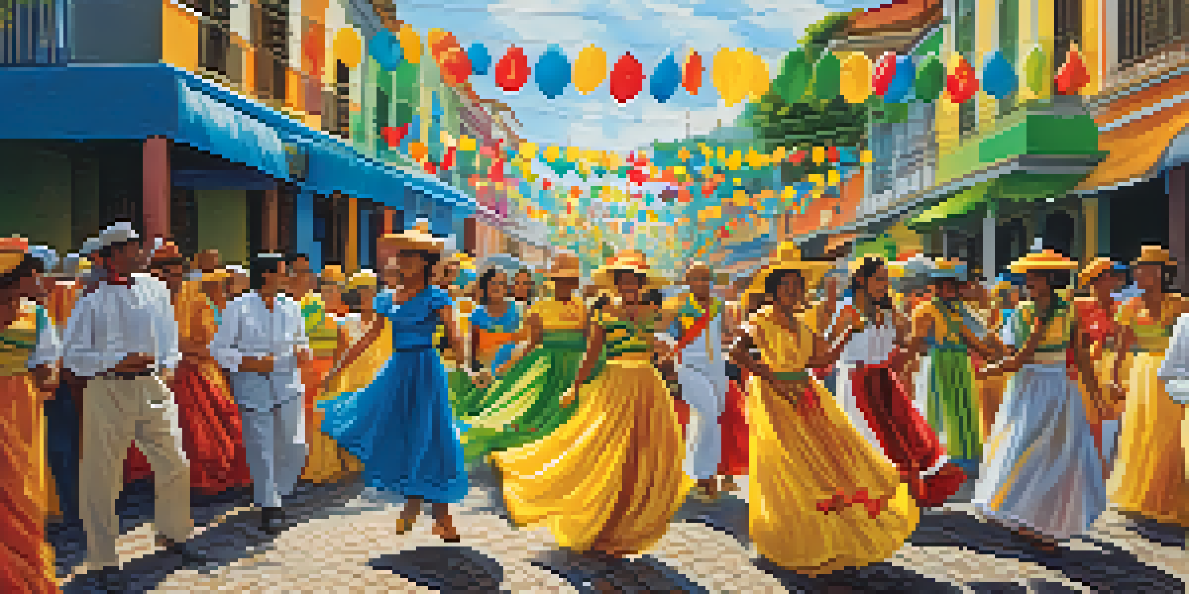A lively Brazilian festival scene with participants in colorful traditional costumes, historical buildings in the background, and decorations all around.