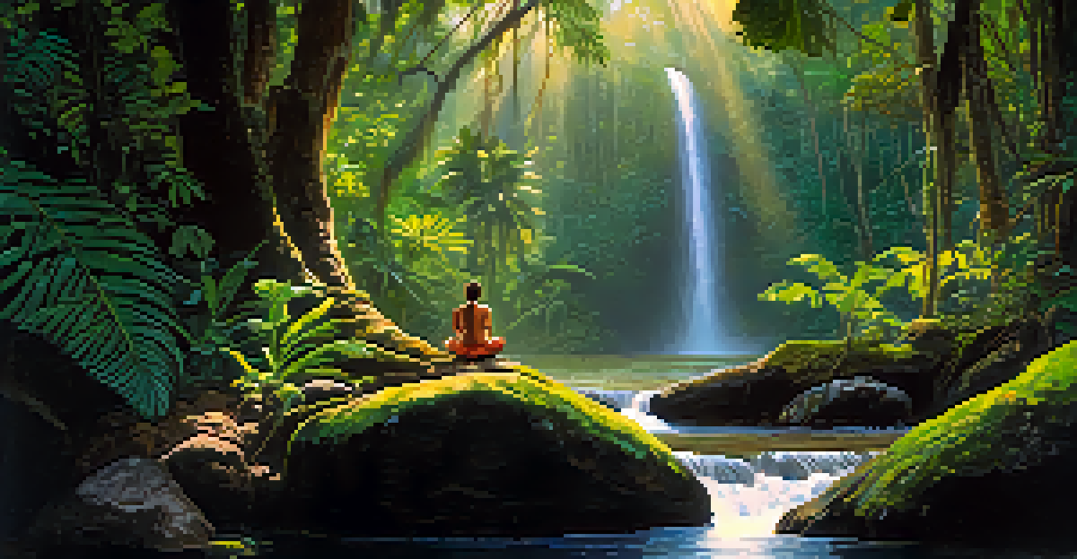 A traveler meditating by a waterfall in the Amazon rainforest, surrounded by lush greenery and colorful flowers.