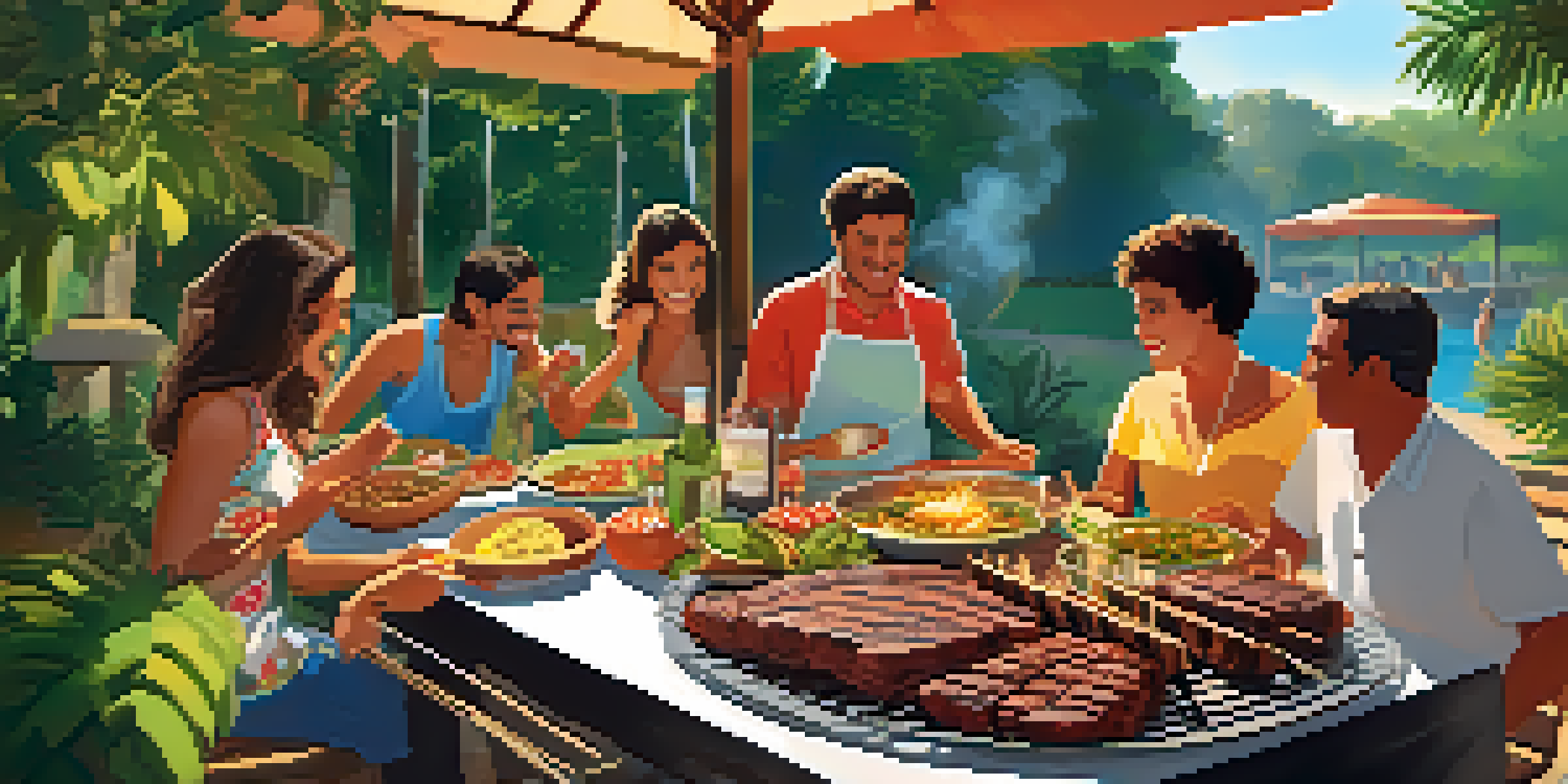A lively barbecue gathering in Southern Brazil with grilled meats and traditional sides, surrounded by greenery and warm sunlight.