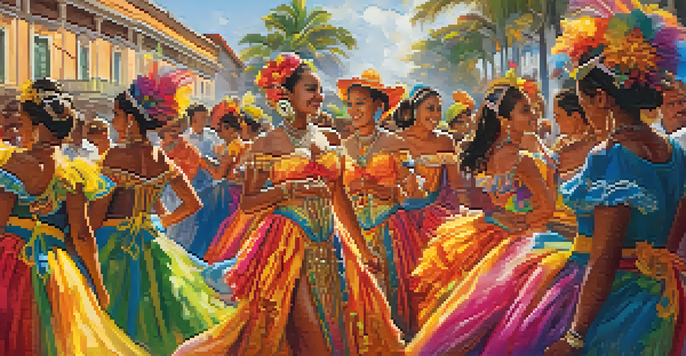 A lively Brazilian festival with dancers in colorful costumes performing in front of a colonial building, surrounded by festive decorations and smiling spectators.