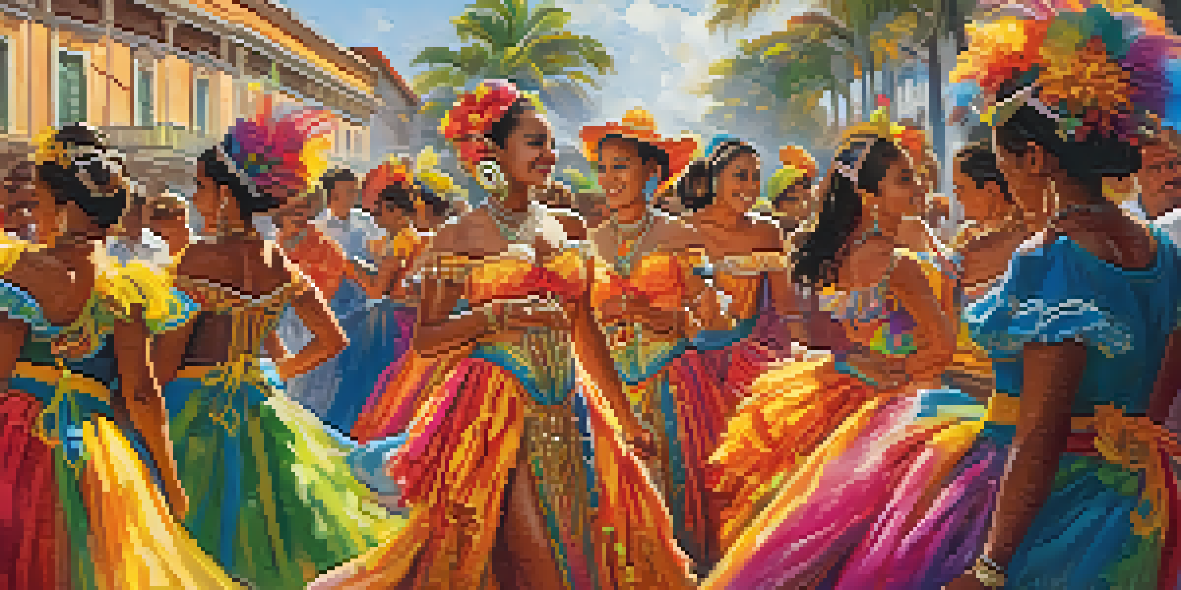 A lively Brazilian festival with dancers in colorful costumes performing in front of a colonial building, surrounded by festive decorations and smiling spectators.