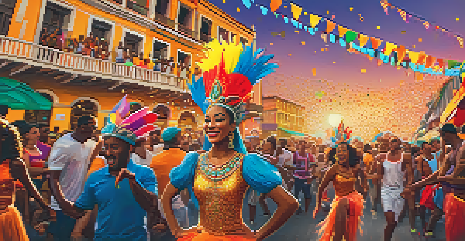 A lively street scene at Bahia's Carnival with dancers in colorful costumes and a festive crowd.